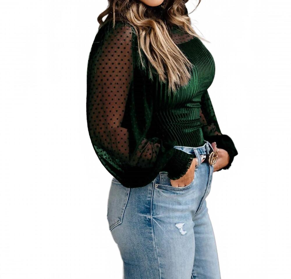 NEW PRETTY BASH sheer dotty long sleeve ribbed velvet bodysuit in hunter green
